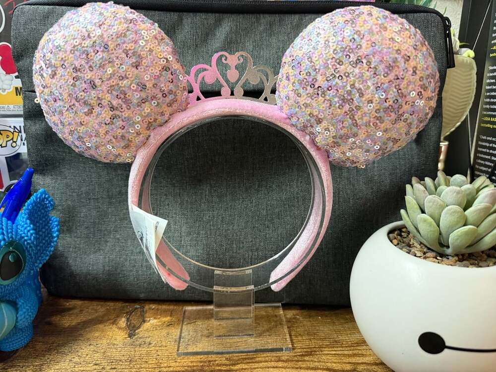EUC Disney Parks Pink Sequin Ears with Silver Tiara and Pearls Headband - Picture 2 of 3